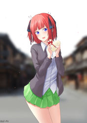 Rule 34 | 1girl, :d, absurdres, bare legs, black cardigan, black ribbon, blouse, blue eyes, blunt bangs, breasts, butterfly hair ornament, cardigan, collared shirt, gift, go-toubun no hanayome, green skirt, hair ornament, heart, hidel, highres, large breasts, looking at viewer, multicolored nails, nail polish, nakano nino, open cardigan, open clothes, open mouth, photo background, pink hair, raised eyebrows, ribbon, shirt, simple background, skirt, smile, solo, thick thighs, thighs, twintails, white shirt