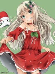 Rule 34 | 1girl, akino shuu, alternate costume, blonde hair, bow, clothes lift, collarbone, commentary request, dress, dress lift, grecale (kancolle), green background, green eyes, grin, hair between eyes, hair bow, hat, kantai collection, lifted by self, long hair, motion lines, pink bow, red dress, santa hat, simple background, smile, solo, twitter username