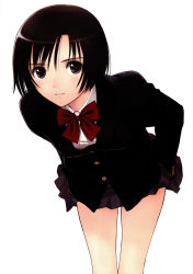 Rule 34 | 1girl, bare legs, blazer, blush, bow, brown eyes, brown hair, female focus, highres, jacket, looking at viewer, pleated skirt, ribbon, scan, school uniform, short hair, simple background, skirt, solo, tony taka, white background