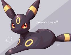 Rule 34 | :3, puff of air, character name, closed mouth, commentary request, creatures (company), dated, game freak, gen 2 pokemon, grey background, highres, lying, nintendo, no humans, okoge (simokaji), pokemon, pokemon (creature), red eyes, signature, smile, solo, umbreon