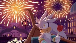 Rule 34 | 2boys, big the cat, boat, candy apple, commentary request, fire, fireworks, fishing rod, food, furry, furry male, gloves, male focus, multiple boys, night, night sky, official art, reflection, reflective water, silver the hedgehog, sky, smile, sonic (series), sonic the hedgehog (2006), uno yuuji, watercraft, white fur, white gloves, yellow eyes