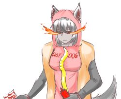 Rule 34 | animal ears, animal hands, annoyed, artist request, black fur, black sclera, black skin, breasts, claws, colored sclera, colored skin, cowboy shot, dog ears, dog girl, dog paws, dog tail, flaming eye, flaming eyes, grey skin, hellhound (monster girl encyclopedia), highres, hot dog costume, medium breasts, meme, monster girl, monster girl encyclopedia, tail