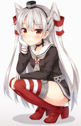 Rule 34 | 10s, 1girl, amatsukaze (kancolle), brown eyes, dress, gloves, hair ornament, half updo, hand on own cheek, hand on own face, head rest, highres, kantai collection, long hair, looking at viewer, red thighhighs, sailor dress, silver hair, smile, solo, squatting, suna (transports), thighhighs, two side up, white gloves