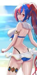 1girl absurdres alear_(female)_(fire_emblem) alear_(female)_(seaside_dragon)_(fire_emblem) alear_(fire_emblem) ass back bare_shoulders bikini blue_bikini blue_eyes blue_hair breasts butt_crack crossed_bangs fire_emblem fire_emblem_engage fire_emblem_heroes heterochromia highres large_breasts long_hair looking_at_viewer looking_back multicolored_clothes multicolored_hair multicolored_swimsuit nintendo ocean official_alternate_costume official_alternate_hairstyle ponytail red_eyes red_hair shoulder_blades smile solo split-color_hair sunlight swimsuit tarutaru193 thigh_strap two-tone_hair very_long_hair white_bikini