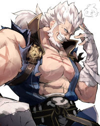 Rule 34 | bad id, bad twitter id, bandaged arm, bandages, beard, blue eyes, clenched hand, facial hair, granblue fantasy, grin, kekemotsu, male focus, muscular, mustache, pectorals, scar, smile, solo, soriz, white background, white hair
