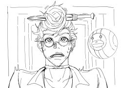Rule 34 | 1boy, :o, akudama drive, collar, earrings, facial hair, glasses, greyscale, highres, hoodlum (akudama drive), indoors, jewelry, knife in hair, looking at viewer, male focus, monochrome, orb, scared, simple background, single earring, solo, sosona, stubble, sweatdrop, upper body, white background