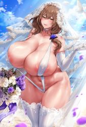 Rule 34 | 1girl, areola slip, bouquet, breasts, bridal gauntlets, bridal veil, brown hair, cleavage, curvy, flower, genshin impact, gomi (hakumaiteacher), green eyes, highres, huge breasts, large areolae, lisa (genshin impact), long hair, open mouth, plump, slingshot swimsuit, smile, solo, standing, swimsuit, thick thighs, thighs, veil, wide hips