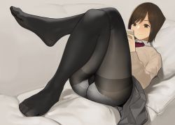 Rule 34 | 1girl, black pantyhose, brown eyes, brown hair, couch, crossed legs, feet, highres, lace, lace-trimmed panties, lace trim, lying, original, panties, panties under pantyhose, pantyhose, pantyshot, phone, school uniform, sweater, thighband pantyhose, toes, underwear, white panties, yomu (sgt epper)