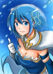 Rule 34 | 10s, 1girl, armband, bad id, bad pixiv id, blue eyes, blue hair, breasts, cape, cleavage, duralu500, fortissimo, gloves, hair ornament, hairclip, highres, large breasts, magical girl, mahou shoujo madoka magica, mahou shoujo madoka magica (anime), mahou shoujo madoka magica movie 1 &amp; 2, matching hair/eyes, miki sayaka, musical note, musical note hair ornament, short hair, smile, solo, thumbs up