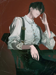 Rule 34 | 1boy, absurdres, armchair, black hair, black pants, buttons, chair, collared shirt, dreamfulinmine, expressionless, hand up, high-waist pants, highres, long sleeves, looking at viewer, love and deepspace, male focus, pants, parted bangs, parted lips, red background, shirt, short hair, silk, simple background, sitting, solo, spider web, white shirt, yellow eyes, zayne (love and deepspace)