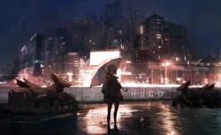 Rule 34 | 1girl, axleaki, backpack, bag, black jacket, black pantyhose, blurry, blurry background, building, city, city lights, cityscape, commentary, highres, holding, holding umbrella, jacket, lens flare, long sleeves, looking at viewer, necktie, night, open clothes, open jacket, original, pantyhose, pleated skirt, rain, scenery, science fiction, short hair, skirt, solo, sparkle, standing, umbrella, wet ground, white hair, wide shot