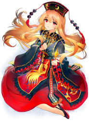 Rule 34 | 1girl, adapted costume, ainy, artist name, black shirt, blonde hair, blush, commentary request, frilled sleeves, frills, hair between eyes, headdress, highres, junko (touhou), long hair, long sleeves, looking at viewer, parted lips, red eyes, red footwear, red skirt, shirt, shoes, signature, simple background, skirt, solo, tassel, touhou, white background, wide sleeves