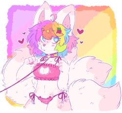 Rule 34 | ahoge, body fur, cat lingerie, cleavage cutout, clothes, clothes writing, clothing cutout, dog, food, food-themed hair ornament, fox, fruit, furry, furry female, hair ornament, heart, heart-shaped pupils, highres, kitsunyan, kitten kitsunyan, lgbt pride, meme attire, mimiff, panties, pet play, pink fur, rainbow, solo, strawberry, symbol-shaped pupils, underwear, underwear only