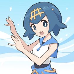 Rule 34 | 1girl, blue eyes, blue hair, blue pants, commentary, creatures (company), eyelashes, game freak, hairband, hands up, lana (pokemon), looking at viewer, nintendo, one-piece swimsuit, open mouth, outline, pants, pokemon, pokemon sm, poyo party, sailor collar, shirt, short hair, sleeveless, sleeveless shirt, solo, swimsuit, swimsuit under clothes, teeth, tongue, trial captain, yellow hairband