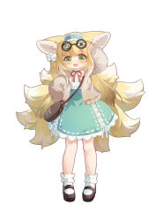 1girl :d adjusting_eyewear animal_ears ankle_socks aqua_hairband aqua_skirt arknights arm_up bag blonde_hair blunt_ends blush bobby_socks brown_bag brown_cardigan brown_shoes cardigan colored_tips eyewear_on_head fang female_focus fox_ears fox_girl fox_tail frilled_hairband frills full_body green_eyes hair_ornament hair_scrunchie hairband hand_on_eyewear hand_on_own_hip high-waist_skirt kitsune kyuubi long_hair long_sleeves looking_at_viewer mary_janes medium_skirt multicolored_hair multiple_tails neck_ribbon official_alternate_costume open_cardigan open_clothes open_mouth puffy_long_sleeves puffy_sleeves red_ribbon ribbon scrunchie secretary_settings_(arknights) shio_(shiofeifei) shirt shoes shoulder_bag simple_background skin_fang skirt sleeves_past_fingers sleeves_past_wrists smile socks solo standing sunglasses suzuran_(arknights) suzuran_(spring_praise)_(arknights) tachi-e tail two-tone_hair white_background white_hair white_shirt white_socks