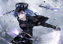 Rule 34 | 1girl, belt, black capelet, black hat, black jacket, black pants, blue eyes, blue hair, capelet, character request, copyright request, gloves, goggles, goggles on headwear, hair between eyes, hat, highres, holding, holding sword, holding weapon, jacket, looking at viewer, military, military uniform, pants, parted lips, peaked cap, scabbard, scar, scar on face, sheath, short hair, solo, sword, uniform, vardan, weapon, white gloves