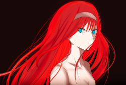 Rule 34 | 1girl, black background, blue eyes, breasts, cleavage, collarbone, expressionless, highres, long hair, looking at viewer, nude, pikaremon, red hair, small breasts, solo, tohno akiha, tohno akiha, tsukihime, upper body, vermillion akiha