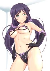 Rule 34 | 10s, 1girl, black bra, black gloves, black panties, blush, bow, bow panties, bra, breasts, cupless bra, frilled gloves, frills, gloves, green eyes, lace, lace-trimmed panties, lace trim, large breasts, lingerie, long hair, looking at viewer, love live!, love live! school idol project, navel, panties, purple hair, sketch, smile, solo, tojo nozomi, twintails, underwear, underwear only, wa (genryusui)