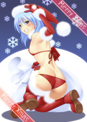 Rule 34 | 00s, 1girl, ass, ayato, bad id, bad pixiv id, bag, bikini, blue hair, blush, boots, breasts, butt crack, christmas, covered erect nipples, elbow gloves, gloves, grin, hair between eyes, hat, highres, lyrical nanoha, magic circle, mahou shoujo lyrical nanoha strikers, merry christmas, numbers (nanoha), red bikini, red gloves, red thighhighs, sack, santa hat, sein (nanoha), skindentation, small breasts, smile, snowflakes, solo, swimsuit, teeth, thighhighs