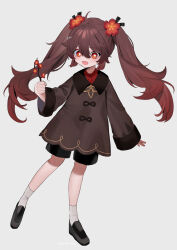 Rule 34 | 1girl, :d, aged down, bebe (bebe pp), black footwear, black shorts, branch, brown hair, brown shirt, collared shirt, commentary request, flower, full body, genshin impact, grey background, hair flower, hair ornament, highres, holding, holding branch, hu tao (genshin impact), long hair, long sleeves, open mouth, plum blossoms, shirt, shoes, shorts, simple background, smile, socks, solo, standing, standing on one leg, star-shaped pupils, star (symbol), symbol-shaped pupils, twintails, white socks