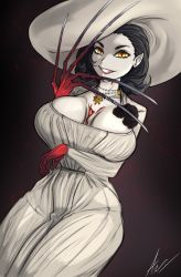 Rule 34 | 1girl, absurdres, alcina dimitrescu, blood, breasts, cleavage, commentary request, dress, hat, highres, huge breasts, lipstick, long hair, looking at viewer, makeup, mature female, resident evil, resident evil village, smile, solo, white dress, yellow eyes