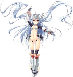 Rule 34 | 1girl, armor, armored boots, blue hair, boots, breasts, chobipero, floating hair, full body, gloves, headgear, highres, light blue hair, long hair, navel, red eyes, shin shirogane no soleil reanswer, small breasts, smile, sol valkyrie, solo, transparent background, very long hair