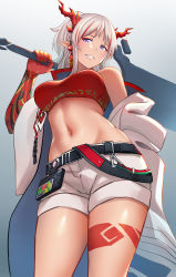 Rule 34 | 1girl, :d, arknights, bare shoulders, belt, belt buckle, blue eyes, bonz (bonz0616), breasts, buckle, coat, crop top, earrings, elbow gloves, from below, gloves, gradient background, grey background, highres, holding, holding weapon, horns, huge weapon, jewelry, large breasts, long hair, looking at viewer, looking down, multicolored hair, navel, nian (arknights), off shoulder, open clothes, open coat, open mouth, pointy ears, ponytail, red gloves, red hair, short shorts, shorts, silver hair, smile, solo, stomach, streaked hair, teeth, thighs, two-tone hair, weapon, white coat, white shorts