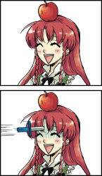 Rule 34 | :d, ^ ^, apple, braid, china dress, chinese clothes, closed eyes, comic, dress, eeyasu, closed eyes, female focus, food, fruit, gloom (expression), hong meiling, knife, long hair, open mouth, red hair, ribbon, silent comic, smile, embodiment of scarlet devil, touhou, twin braids, william tell