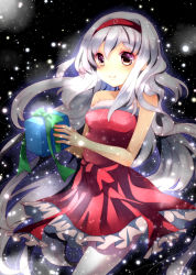 Rule 34 | 10s, 1girl, bad id, bad pixiv id, bare shoulders, christmas, gift, hairband, highres, japanese clothes, kantai collection, long hair, personification, santa costume, shizuki aya, shoukaku (kancolle), silver hair, smile, snowing, solo, thighhighs, white thighhighs