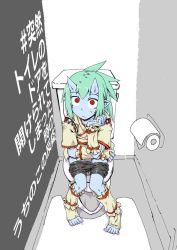 Rule 34 | 1girl, arinko (ant-lion), bike shorts, bike shorts pull, blue oni, blue skin, colored skin, female focus, green hair, highres, looking at viewer, oni, original, pointy ears, red eyes, sitting, solo, toes, toilet, toilet paper, toilet use