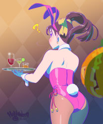 Rule 34 | 1girl, ?, animal ears, brown hair, brown pantyhose, checkered background, cocktail glass, commentary request, cup, detached collar, drinking glass, fake animal ears, fishnet pantyhose, fishnets, fukusuke hachi-gou, highres, jack-o&#039;-lantern, leotard, looking back, original, pantyhose, pink leotard, playboy bunny, ponytail, pumpkin, rabbit ears, rabbit tail, red eyes, strapless, strapless leotard, tail, wine glass, wrist cuffs