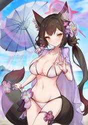 1girl absurdres animal_ear_fluff animal_ears beach bikini black_hair blue_archive blush breasts cleavage flower fox_ears fox_girl fox_tail hair_flower hair_ornament halo highres large_breasts long_hair looking_at_viewer navel official_alternate_costume sky solo swimsuit tail undreaming wakamo_(blue_archive) wakamo_(swimsuit)_(blue_archive) water white_bikini yellow_eyes