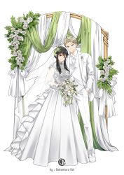 1boy 1girl arch artist_name black_hair blonde_hair blue_eyes bouquet bridal_veil commentary_request dress flower formal frilled_dress frills full_body green_ribbon hair_flower hair_ornament hairband highres holding holding_bouquet husband_and_wife indonesian_commentary jacket necktie ookamiura_aoi pant_suit pants red_eyes ribbon rose sidelocks spy_x_family standing suit suit_jacket twilight_(spy_x_family) veil vest wedding_dress white_dress white_flower white_footwear white_hairband white_jacket white_necktie white_pants white_rose white_suit yor_briar