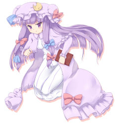 Rule 34 | 1girl, book, capelet, coo (coonekocoo), crescent, dress, hair ribbon, hat, hime cut, kneeling, long hair, open clothes, patchouli knowledge, purple eyes, purple hair, ribbon, simple background, solo, striped legwear, touhou, tress ribbon, very long hair, white background, white dress