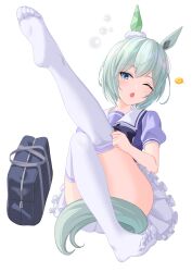 Rule 34 | 1girl, animal ears, bag, blue bag, blue eyes, bow, commentary request, dressing, ear covers, feet, grey hair, hair between eyes, hair ornament, hairclip, highres, horse ears, horse girl, horse tail, leg up, no shoes, on ground, one eye closed, open mouth, philo 324, puffy short sleeves, puffy sleeves, purple bow, purple shirt, school uniform, seiun sky (umamusume), shirt, short hair, short sleeves, shoulder bag, simple background, single ear cover, skirt, squeans, soles, solo, tail, thighhighs, thighs, toes, umamusume, waking up, white background, white skirt, white thighhighs
