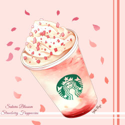 Rule 34 | artist name, cherry blossoms, cream, cup, disposable cup, drink, english text, food focus, food name, frappuccino, logo, no humans, original, petals, pink background, pink theme, signature, simple background, starbucks, still life, yuki00yo