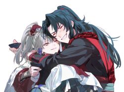 2boys archer_(fate/samurai_remnant) arm_guards black_hanfu chinese_clothes chinese_hairpin closed_eyes cup curtained_hair fate/samurai_remnant fate_(series) green_hair grin hair_ornament hanfu high_ponytail holding holding_cup hug iwkfk_02 multiple_boys one_eye_closed red_hanfu sakazuki simple_background smile tassel tassel_hair_ornament white_background white_hair white_hanfu xiao_guan_(headdress) yellow_eyes zheng_chenggong_(fate)