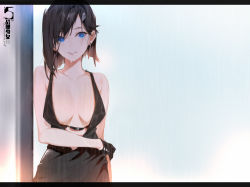 Rule 34 | 1girl, arm behind back, bare arms, bare shoulders, black dress, black gloves, black hair, blue background, blue eyes, breasts, breasts apart, collarbone, commentary, copyright name, dress, earrings, gloves, haguro (warship girls r), halter dress, halterneck, highres, jewelry, letterboxed, looking at viewer, medium breasts, outdoors, parted lips, rain, short hair, sleeveless, sleeveless dress, smile, sola7764, solo, upper body, warship girls r, wet