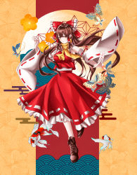 Rule 34 | 1girl, between fingers, boots, bow, breasts, brown footwear, brown hair, bug, butterfly, commentary request, cross-laced footwear, detached sleeves, frilled skirt, frills, full body, hair bow, hair tubes, hakurei reimu, highres, holding, insect, koi, long hair, long sleeves, looking at viewer, medium breasts, nontraditional miko, ofuda, orange eyes, red bow, red shirt, red skirt, ribbon-trimmed skirt, ribbon-trimmed sleeves, ribbon trim, shirt, shoes, skirt, smile, solo, touhou, user chdp8284, very long hair, wide sleeves, yellow neckwear