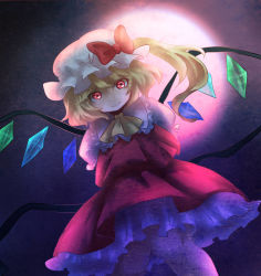 Rule 34 | 1girl, bad id, bad pixiv id, blouse, collared shirt, embodiment of scarlet devil, female focus, flandre scarlet, full moon, gradient background, hat, highres, knees together feet apart, luvsia, mob cap, moon, night, outdoors, purple theme, shirt, sky, solo, touhou, white hat, white shirt, wings