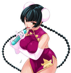 Rule 34 | 00s, 1girl, braid, breast hold, breasts squeezed together, breasts, bun cover, china dress, chinese clothes, double bun, dress, elbow gloves, covered erect nipples, gloves, gundam, gundam 00, huge breasts, licking, mizuki gyokuran, phallic symbol, pinky out, sexually suggestive, side slit, smile, solo, thighs, tongue, twin braids, wang liu mei