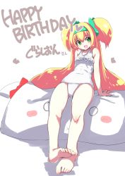 Rule 34 | 1girl, absurdres, arm support, barefoot, blazblue, blonde hair, fang, feet, feet together, green eyes, hairband, happy birthday, highres, kaname nagi, leaning back, legs, long hair, one-piece swimsuit, open mouth, platinum the trinity, quad tails, ribbon, school swimsuit, sitting, smile, solo, swimsuit, toes, very long hair, white school swimsuit, white one-piece swimsuit