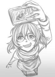Rule 34 | 10s, 1girl, :d, artist request, camera, dual persona, eto (tokyo ghoul), glasses, greyscale, highres, holding, holding camera, hood, long sleeves, looking up, monochrome, open mouth, over-rim eyewear, perspective, selfie, semi-rimless eyewear, short hair, smile, solo, standing, tokyo ghoul, wide-eyed