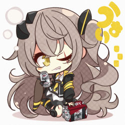 Rule 34 | 1girl, 7:08, armband, black jacket, black skirt, blush stickers, brown hair, can, chibi, commentary request, full body, girls&#039; frontline, hair between eyes, hair ornament, highres, holding, holding can, jacket, knee pads, long hair, looking at viewer, mod3 (girls&#039; frontline), one eye closed, open clothes, open jacket, scar, scar across eye, scar on face, shirt, sitting, skirt, smile, solo, ump45 (girls&#039; frontline), ump45 (mod3) (girls&#039; frontline), white shirt, yellow eyes, yellow neckwear