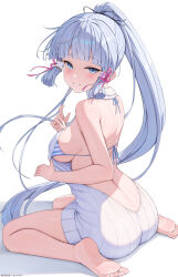 Rule 34 | 1girl, absurdres, ass, ayaka (genshin impact), back, backless outfit, bare shoulders, barefoot, bikini, bikini under clothes, blue bikini, blue eyes, blue hair, blush, breasts, from behind, genshin impact, hair ribbon, hair tubes, highres, large breasts, light blue hair, looking at viewer, looking back, meme attire, mole, mole under eye, patreon username, pink ribbon, ponytail, ribbon, rosumerii, sideless sweater, simple background, sitting, smile, solo, sweater, swimsuit, toes, virgin killer sweater, wariza, white background, white sweater