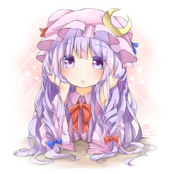 Rule 34 | 1girl, anzu ame, blush, bow, crescent, crescent hair ornament, elbow rest, gradient background, hair bow, hair ornament, hat, long hair, open mouth, patchouli knowledge, purple eyes, purple hair, solo, touhou, very long hair