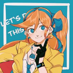 Rule 34 | 1girl, ace attorney, athena cykes, black gloves, blue background, blue eyes, blue hairband, blue ribbon, border, closed mouth, crescent, crescent earrings, earrings, english text, gloves, hair ribbon, hairband, hand on own hip, hand up, highres, jacket, jewelry, lapels, long hair, looking at viewer, necklace, open clothes, open jacket, orange hair, partially fingerless gloves, ribbon, side ponytail, sidelocks, simple background, single earring, smile, solo, sunakawa0102, swept bangs, very long hair, white border, yellow jacket