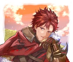 Rule 34 | 1boy, cape, diamant (fire emblem), fire emblem, fire emblem engage, furokami, grass, highres, hill, looking at viewer, male focus, nintendo, open mouth, red cape, red eyes, red hair, red sky, sky, solo