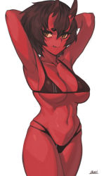 Rule 34 | 1girl, arms behind back, bikini, black bikini, breasts, brown eyes, brown hair, closed mouth, colored skin, cowboy shot, fang, horns, kidouko (zakusi), large breasts, looking at viewer, navel, oni, oni horns, original, red oni, red skin, signature, simple background, skin fang, smile, solo, swimsuit, symbol-only commentary, underboob, white background, zakusi