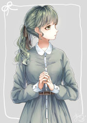 Rule 34 | 1girl, absurdres, belt, black ribbon, collared dress, commentary, dress, english commentary, green eyes, green hair, green nails, grey background, grey dress, hair ribbon, highres, long hair, long sleeves, looking to the side, mai mugi, nail polish, original, own hands together, ponytail, ribbon, sidelocks, signature, simple background, solo